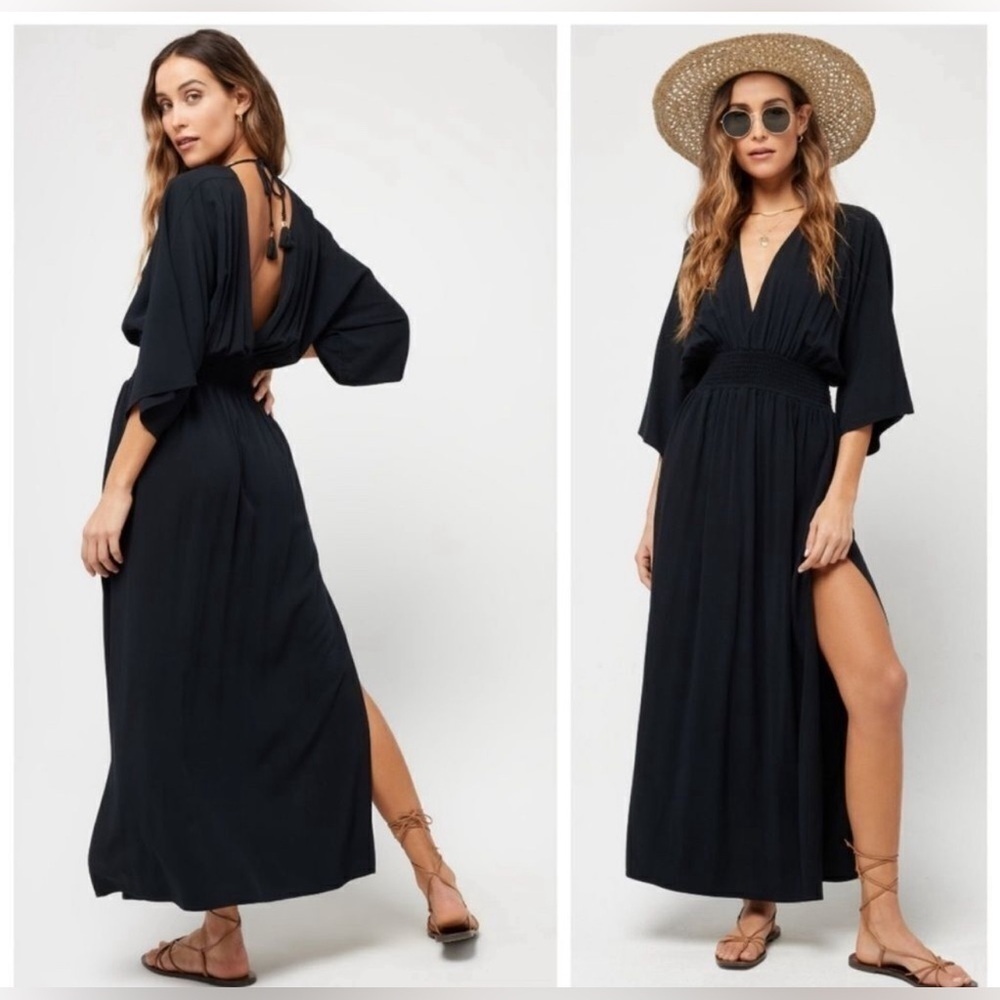 NWT L*Space Sungazer Dress Black Beach Cover Up Deep V Neck Size Small - Picture 3 of 7